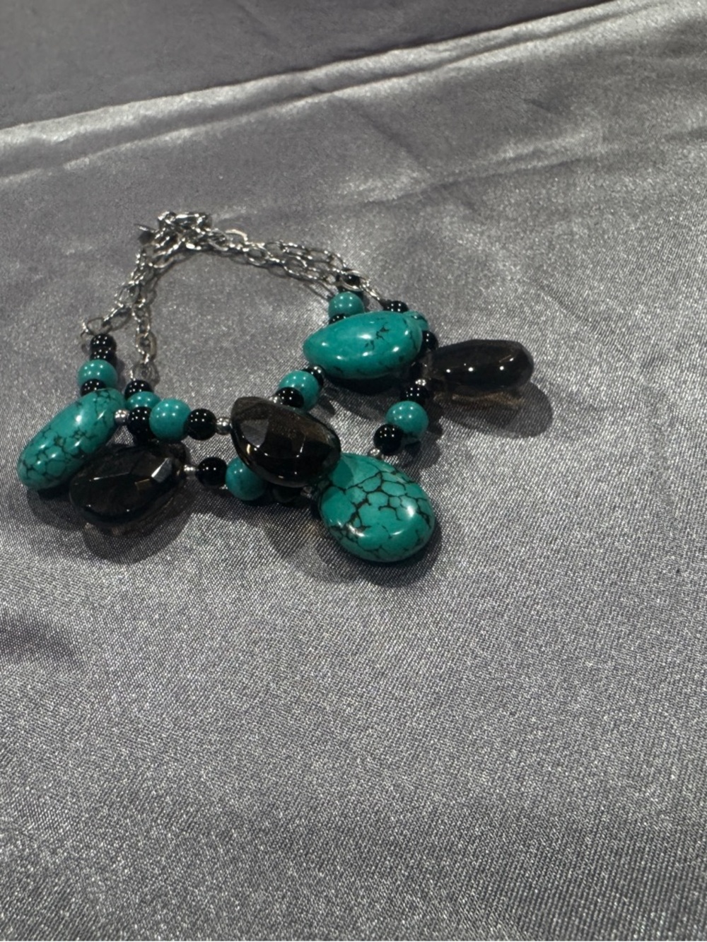 Turquoise and Amber Beaded Statement Bracelet 9.25 Sterling